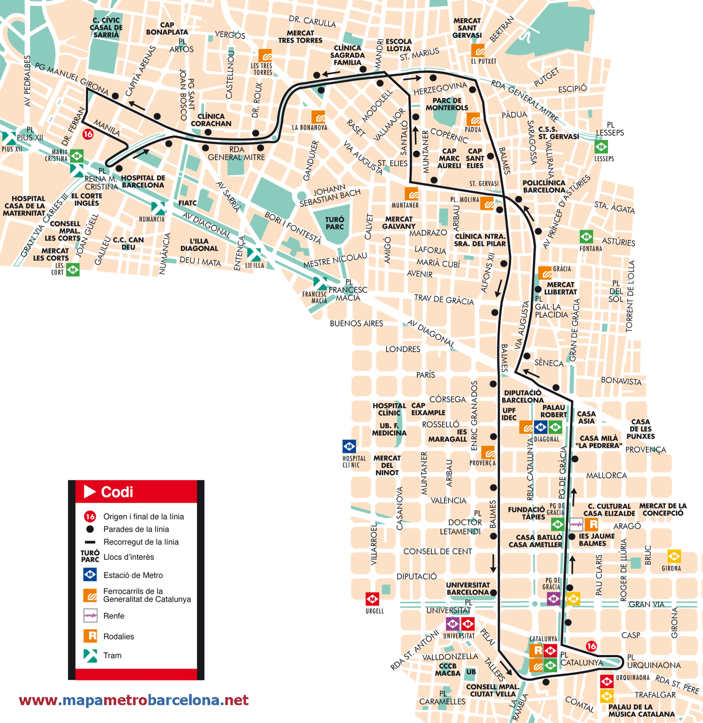 Barcelona bus map line 16