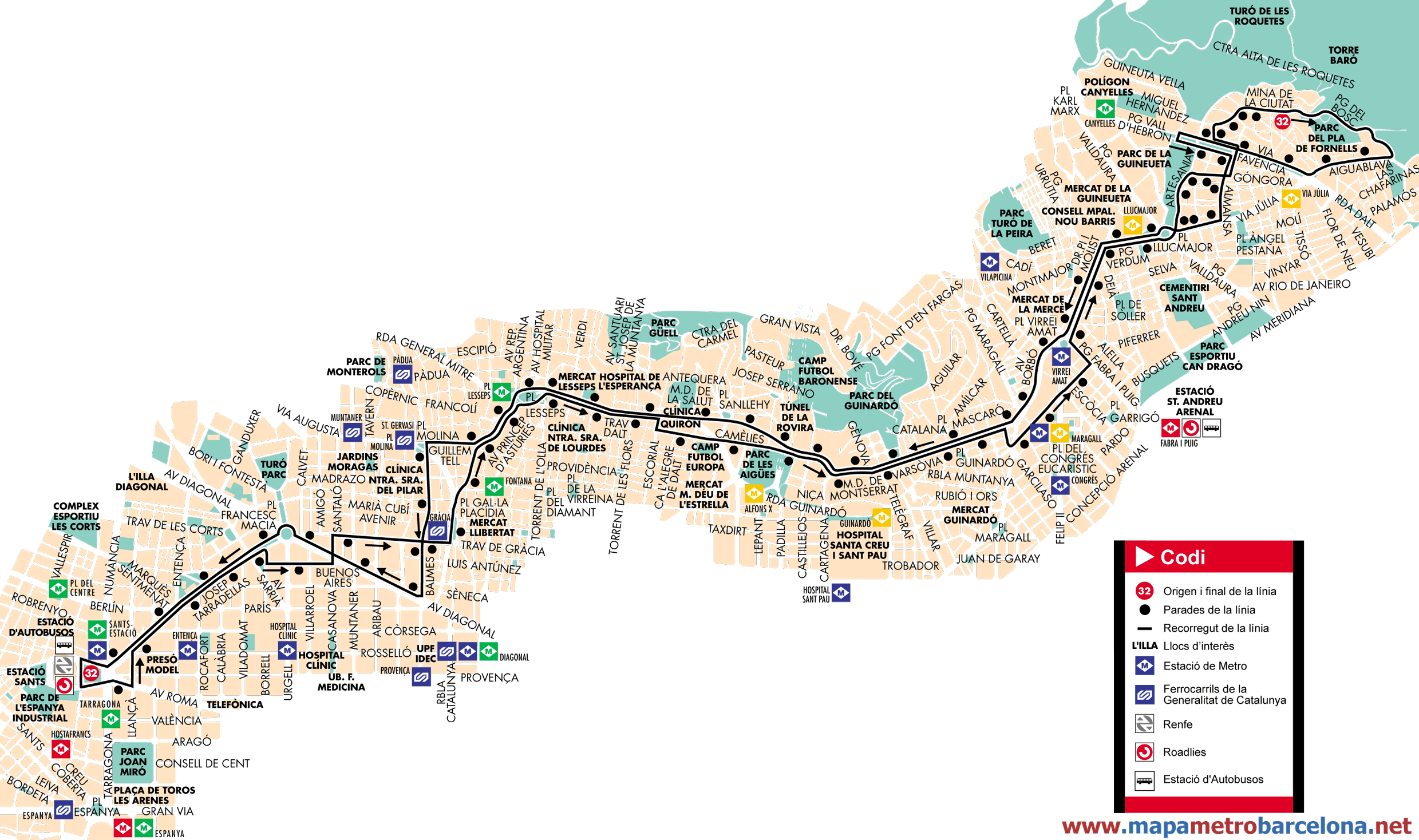 Barcelona bus map line 32