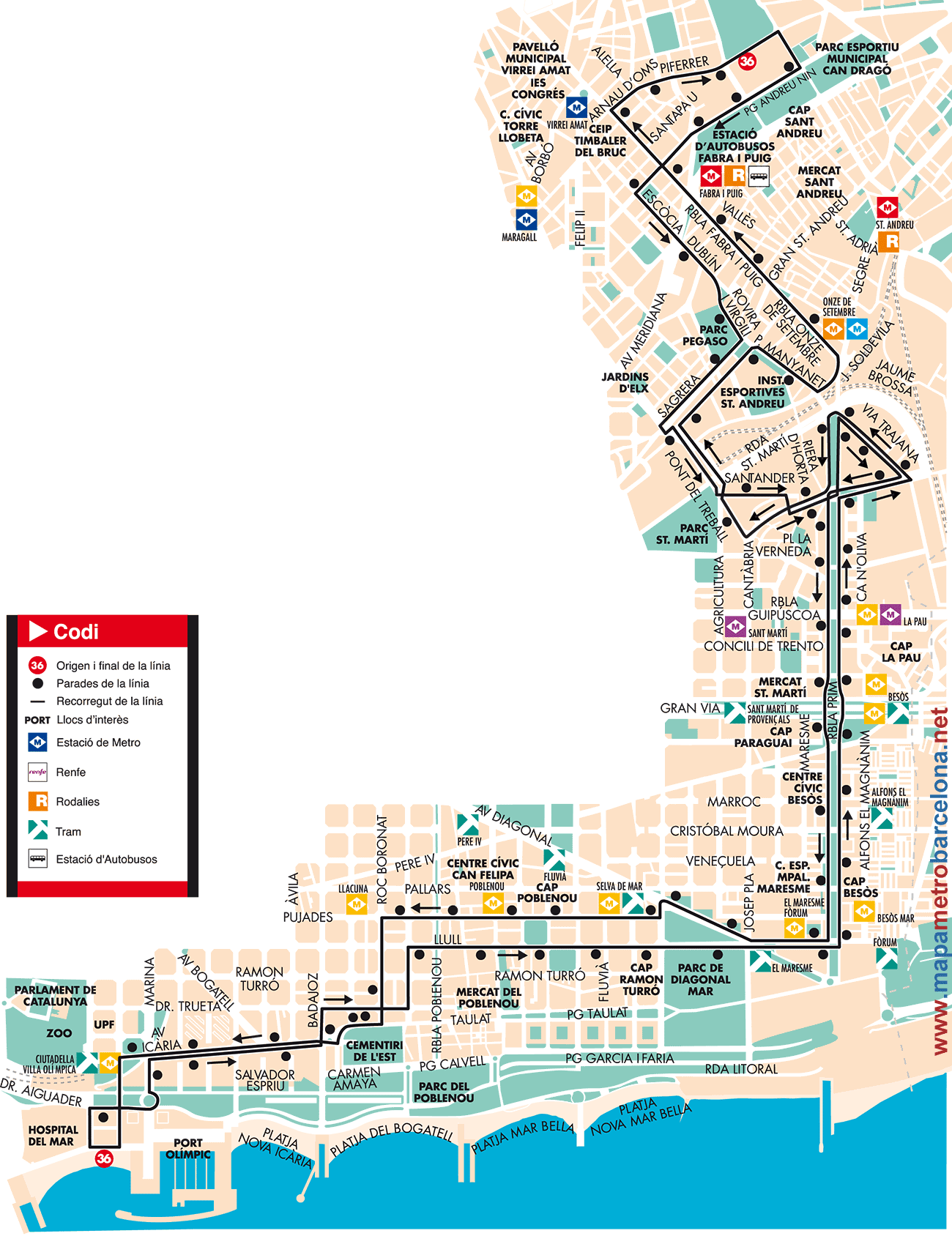 Mapa autobus barcelona línea 36