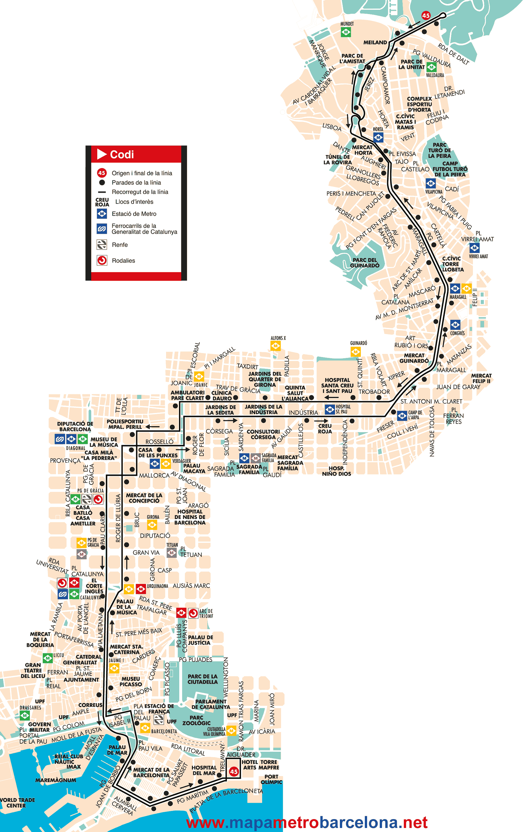 Barcelona bus map line 45