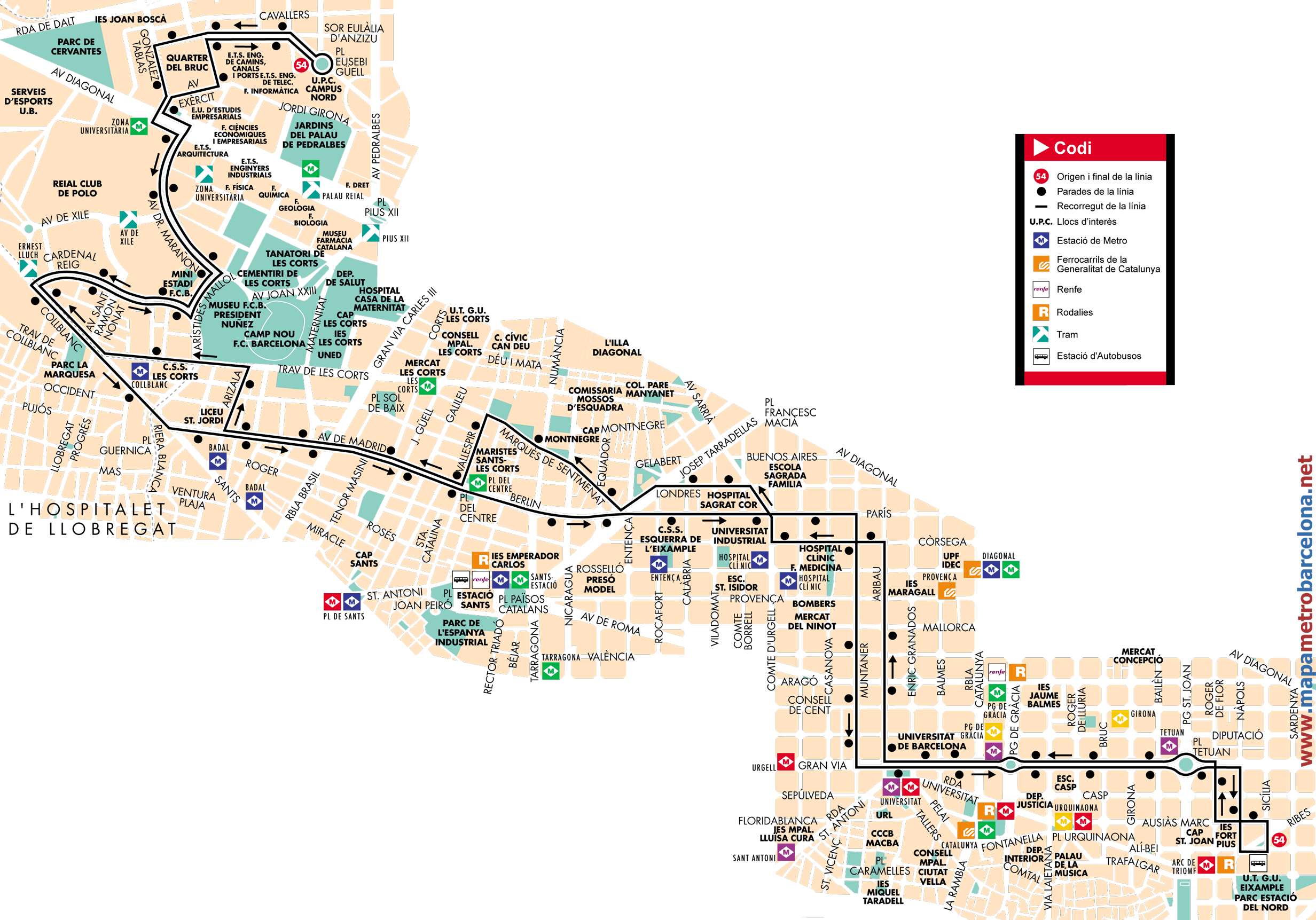 Barcelona bus map line 54