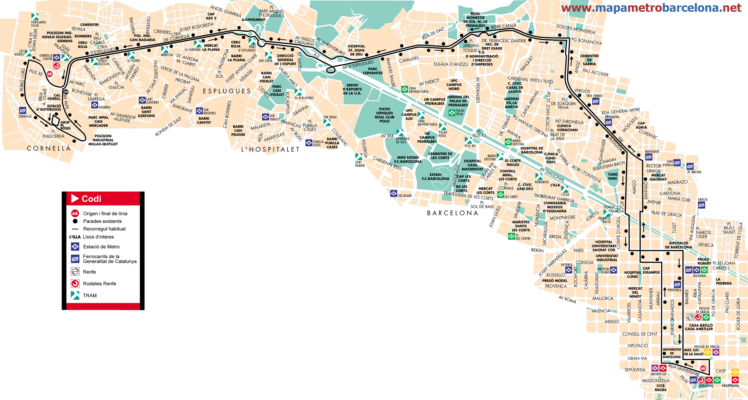 Barcelona bus map line 68