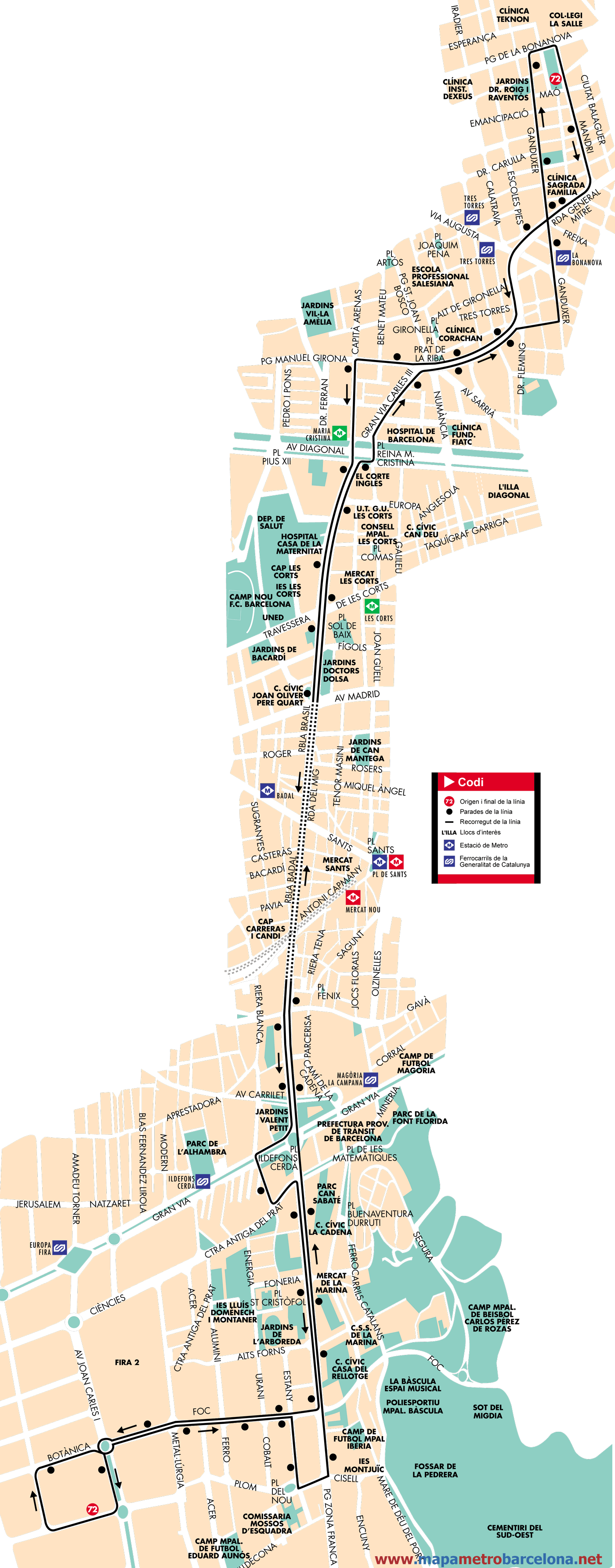Barcelona bus map line 72