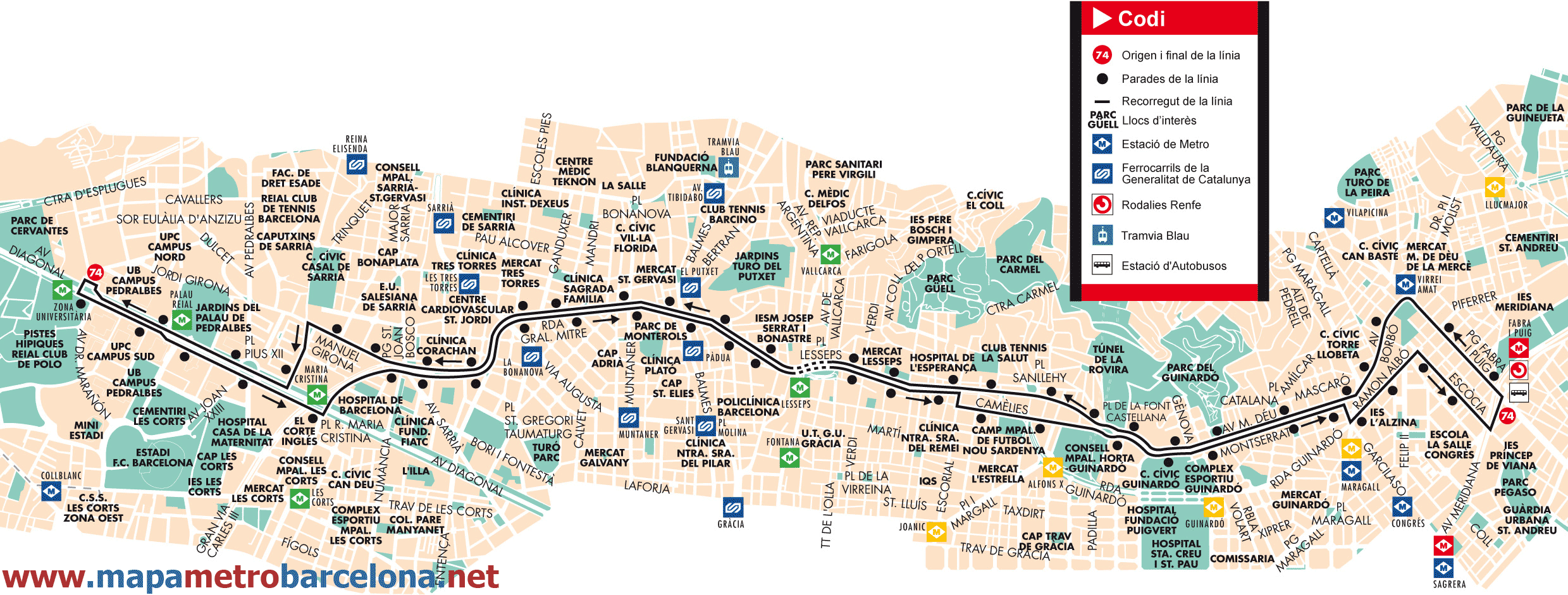 Barcelona bus map line 74