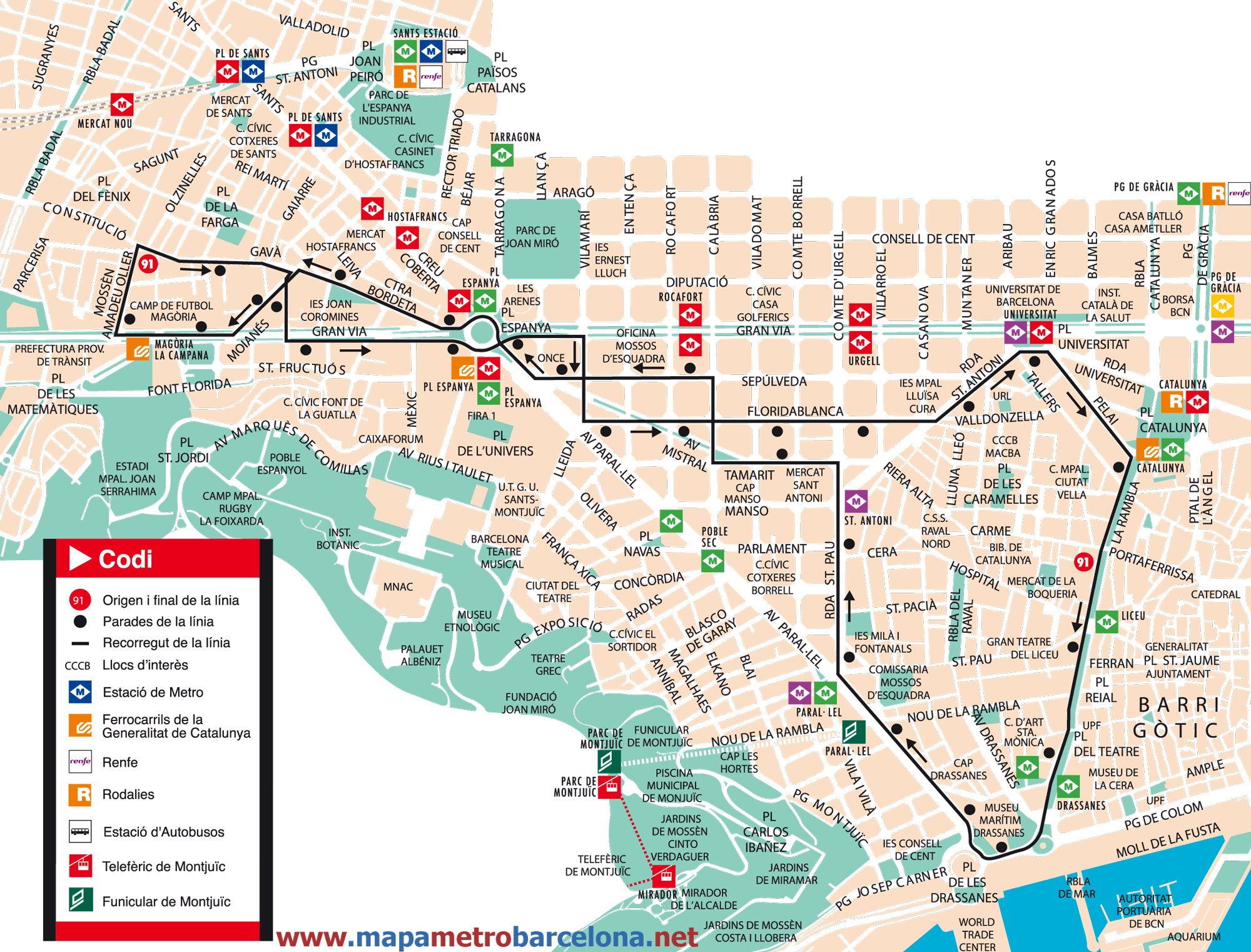 Mapa autobus barcelona línea 91