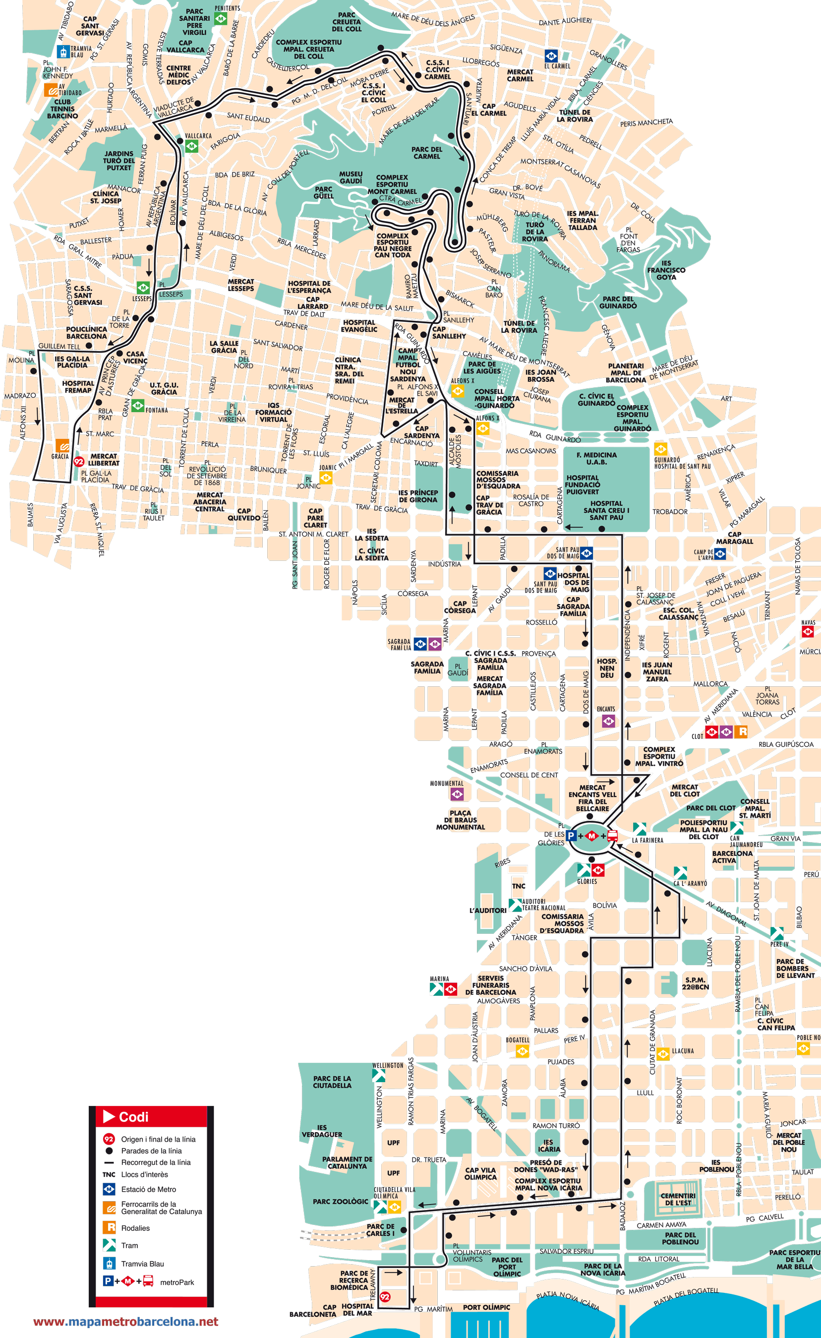 Barcelona bus map line 92