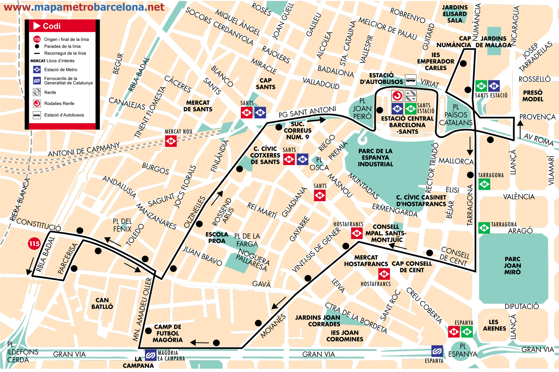 Barcelona bus map line 115