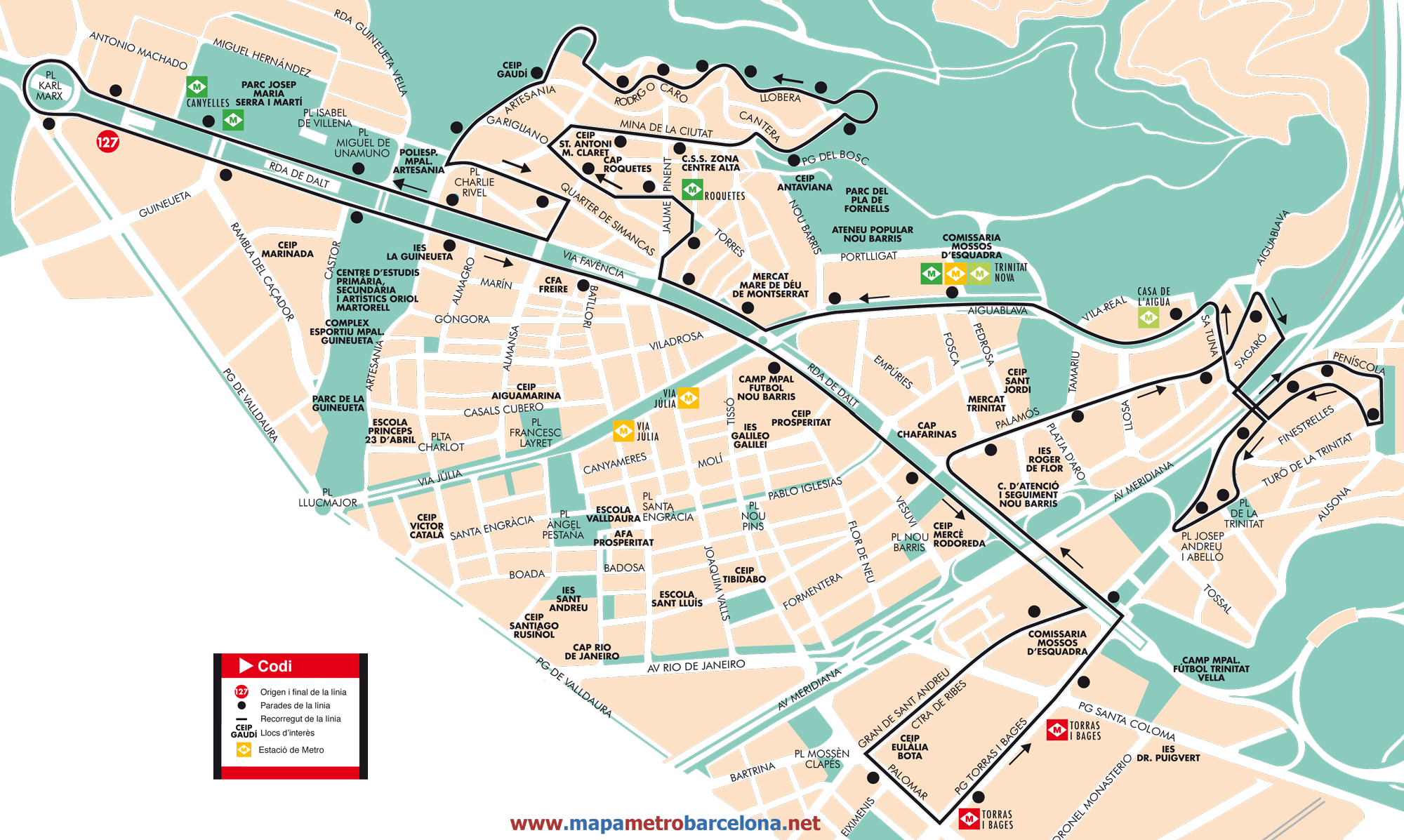 Barcelona bus map line 127