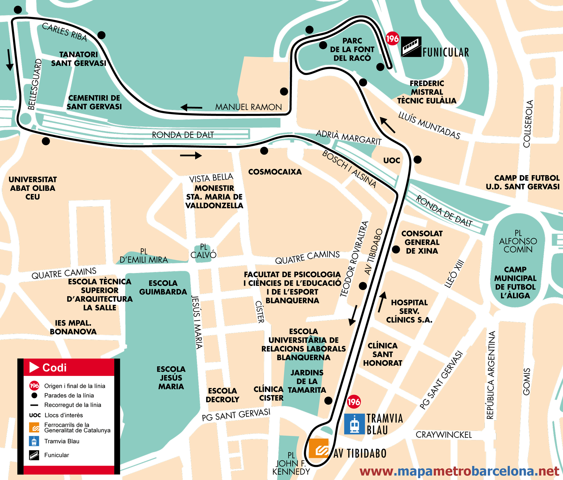Barcelona bus map line 196