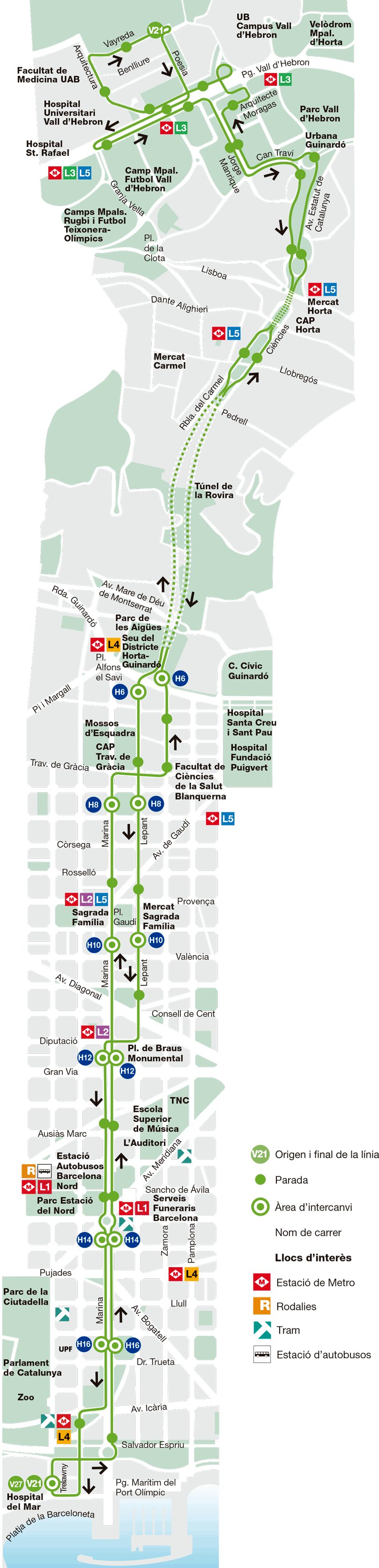 Bus Line V21 Montbau Pg Maritim Barcelona Map Stops And Timetables