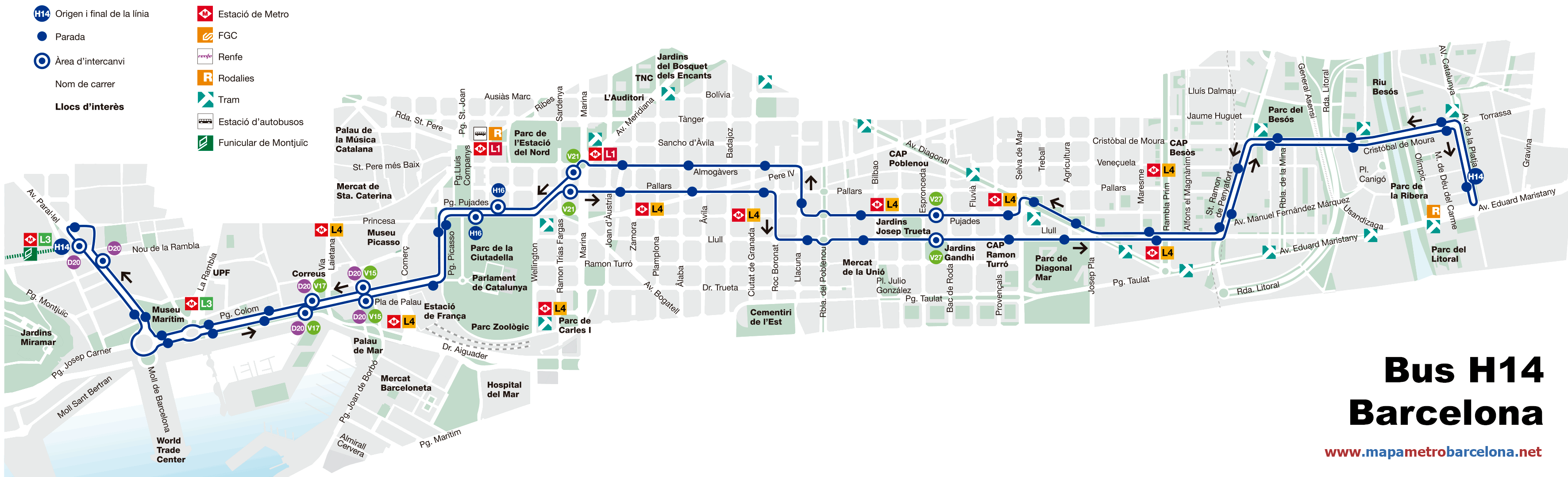 Barcelona bus map line H14