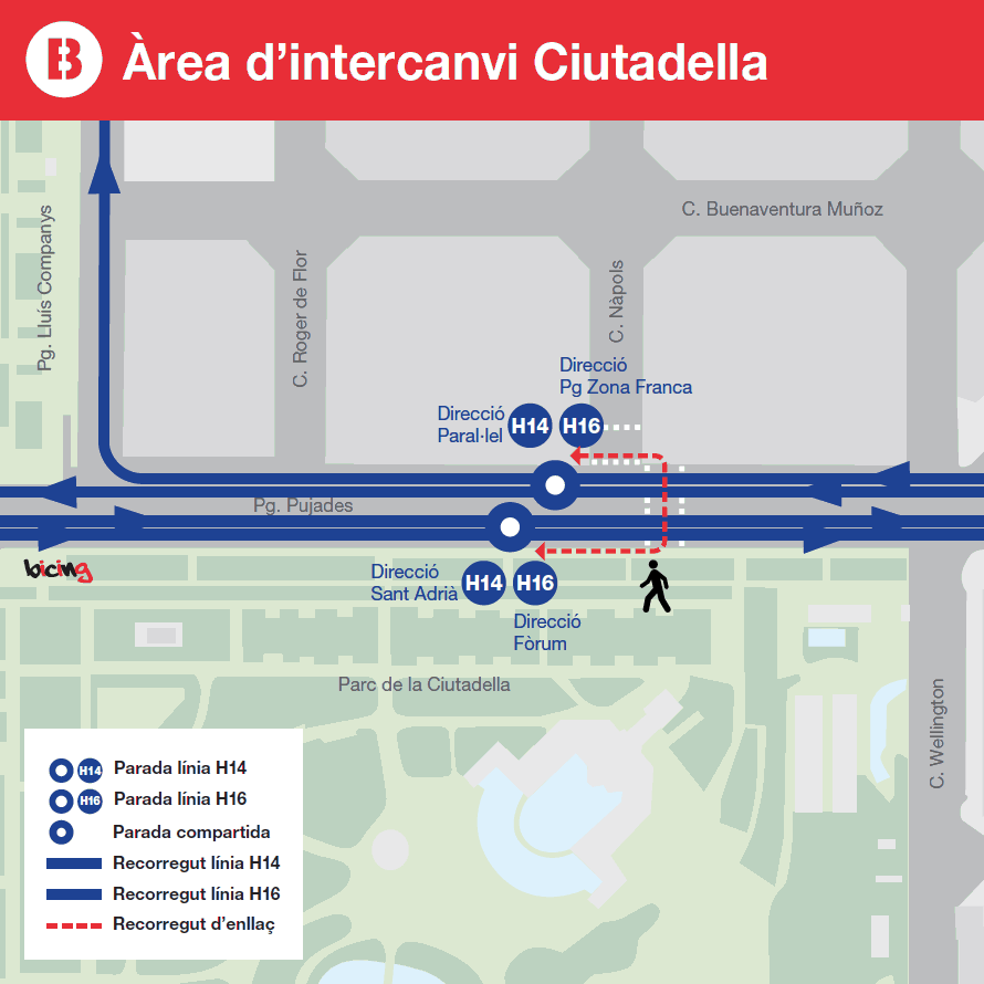 Enlace con bus  líneas H14 y H16 en Parc de la Ciutadella