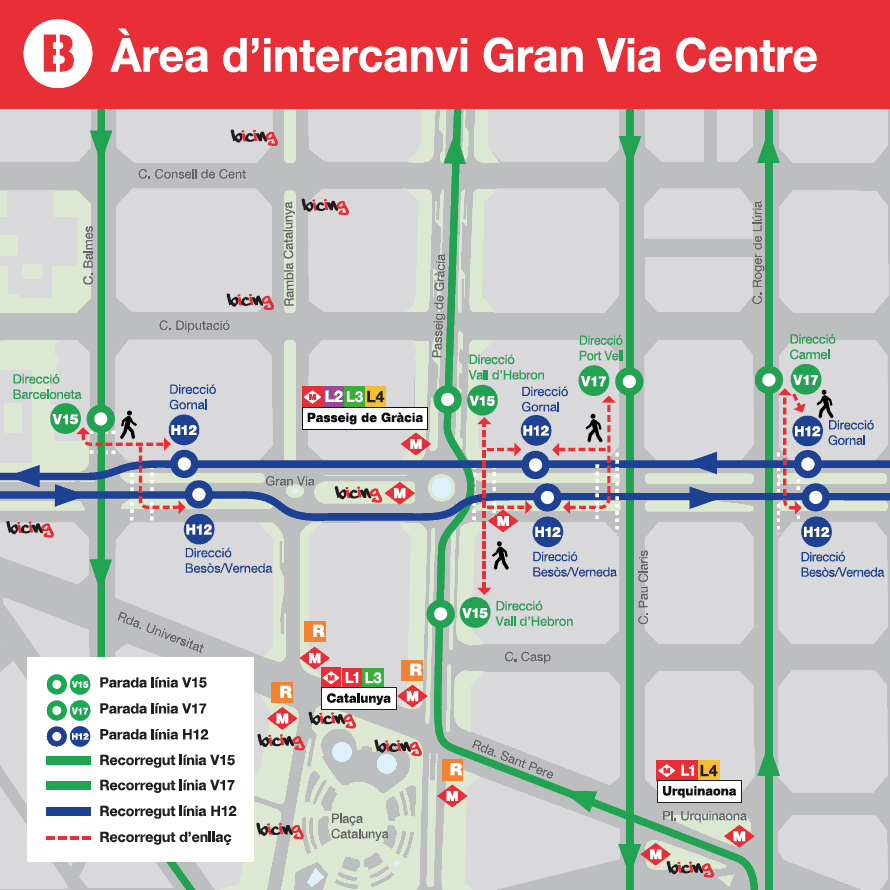 Enlace con bus  líneas H12, V15 y V17 en Gran Via Centre