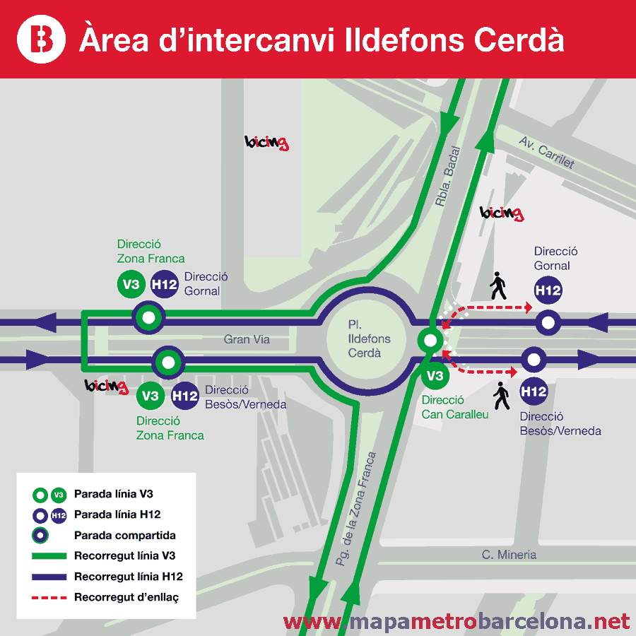 Enlace con bus  líneas V3 y H12 en Plaça Ildefons Cerdà