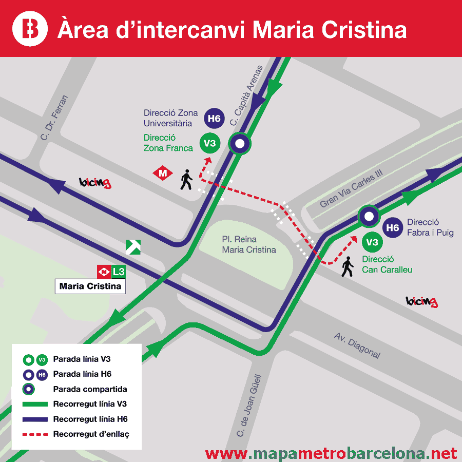 Enlace con bus línea V3 and H6, intercambio Avenida María Cristina
