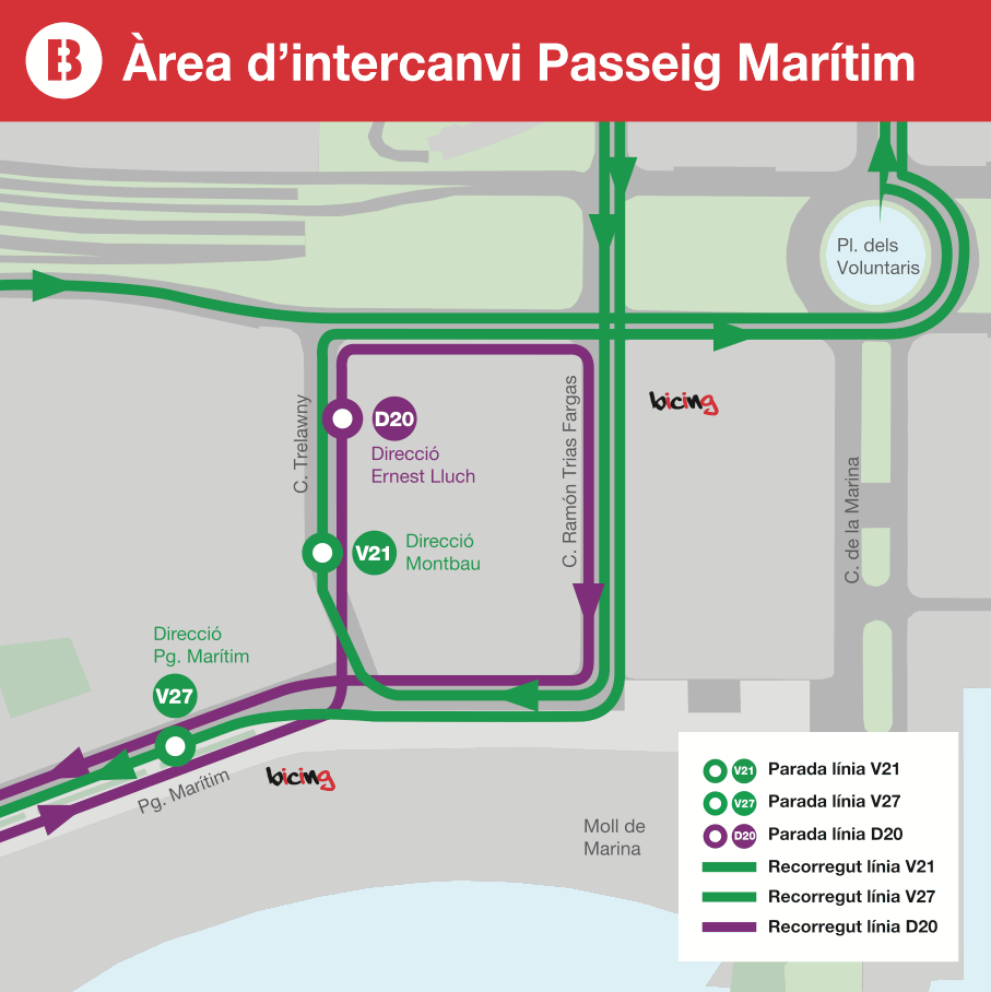 Enlace con bus  líneas D20, V21 y V27 en Passeig Marítim