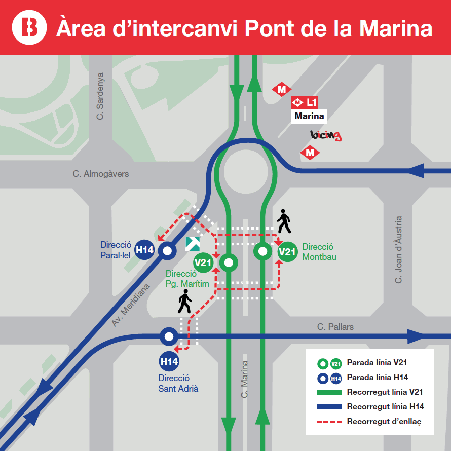Enlace con bus  líneas H14 y V21 en Pont de la Marina