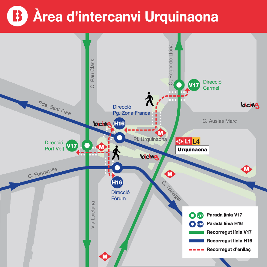 Enlace con bus  líneas H16 y V17 en Plaça Urquinaona
