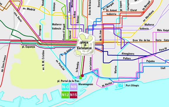 Night bus map of Barcelona (zoom zone)