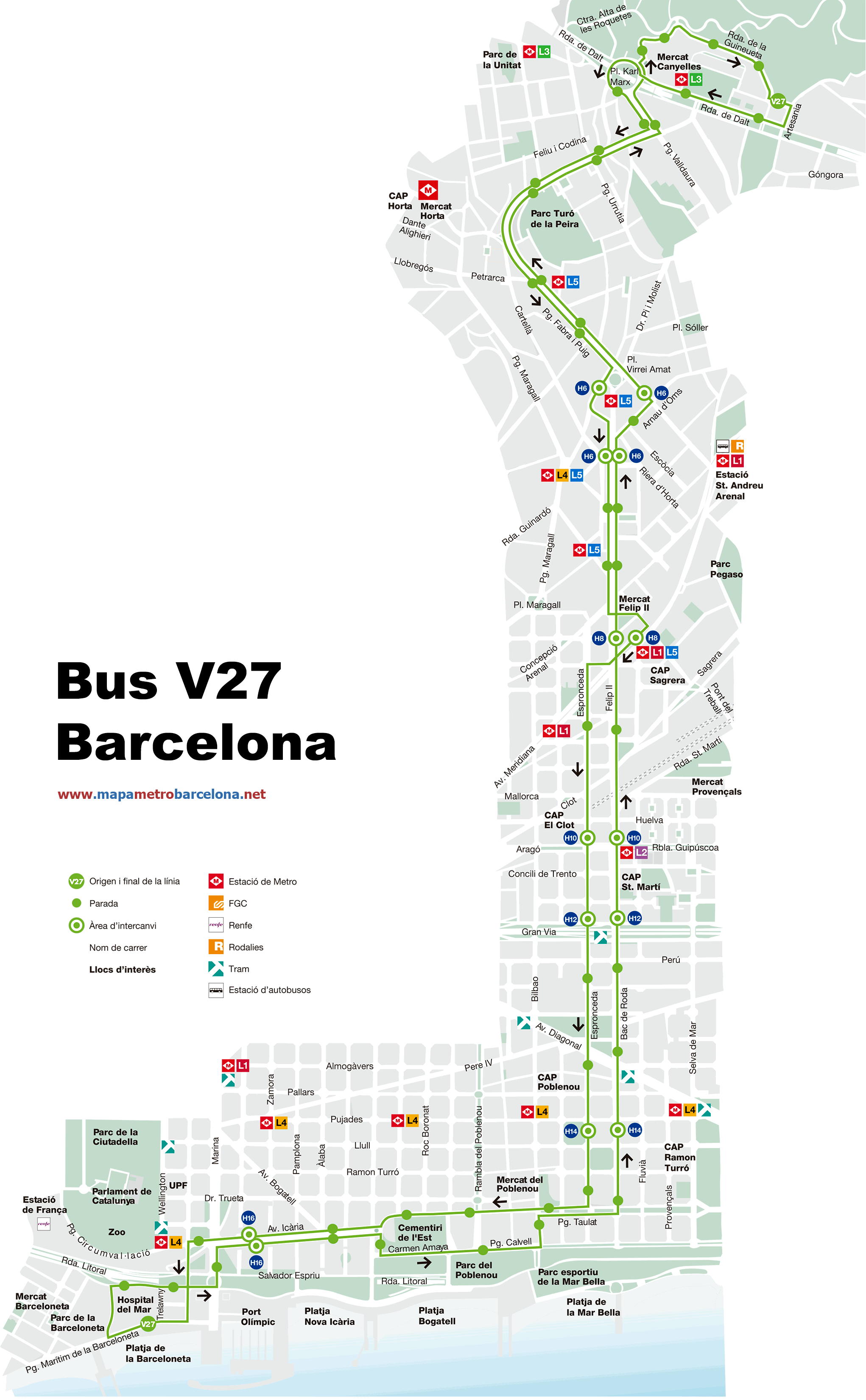 Barcelona bus map line V27