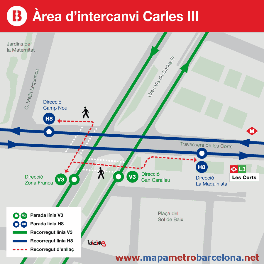 Enlace con bus líneas V3 y H8 en Gran Via de Carles III