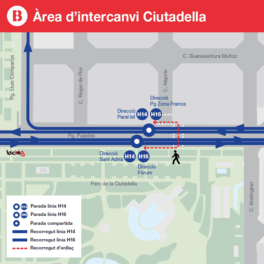 Enlace con bus líneas H14 y H16 en Parc de la Ciutadella