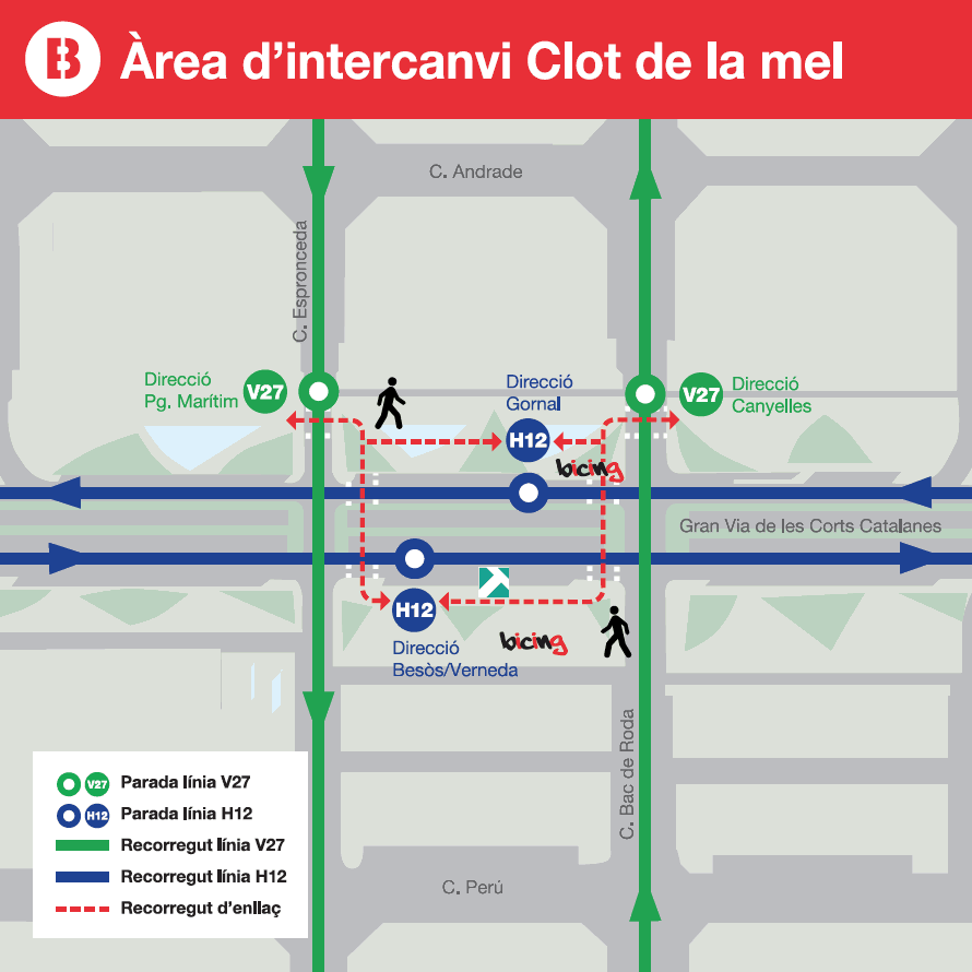 Enlace con bus líneas H12 y V27 en Clot de la Mel