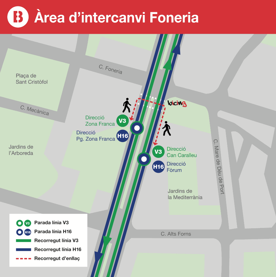 Enlace con bus líneas H16 y V3 en Foneria