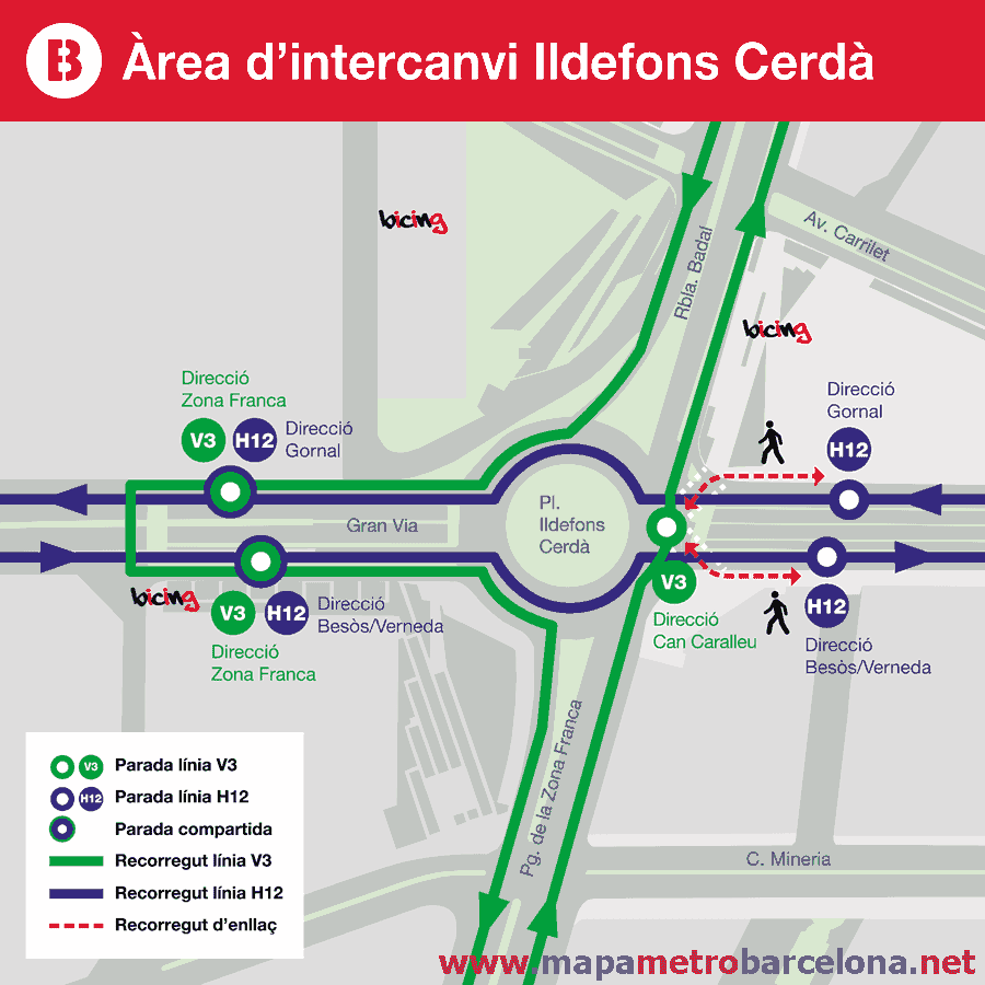 Enlace con bus líneas V3 y H12 en Plaça Ildefons Cerdà