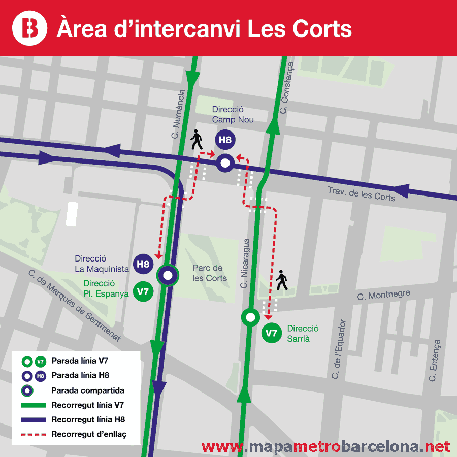 Enlace con bus líneas V7 y H8 en Travessera de Les Corts