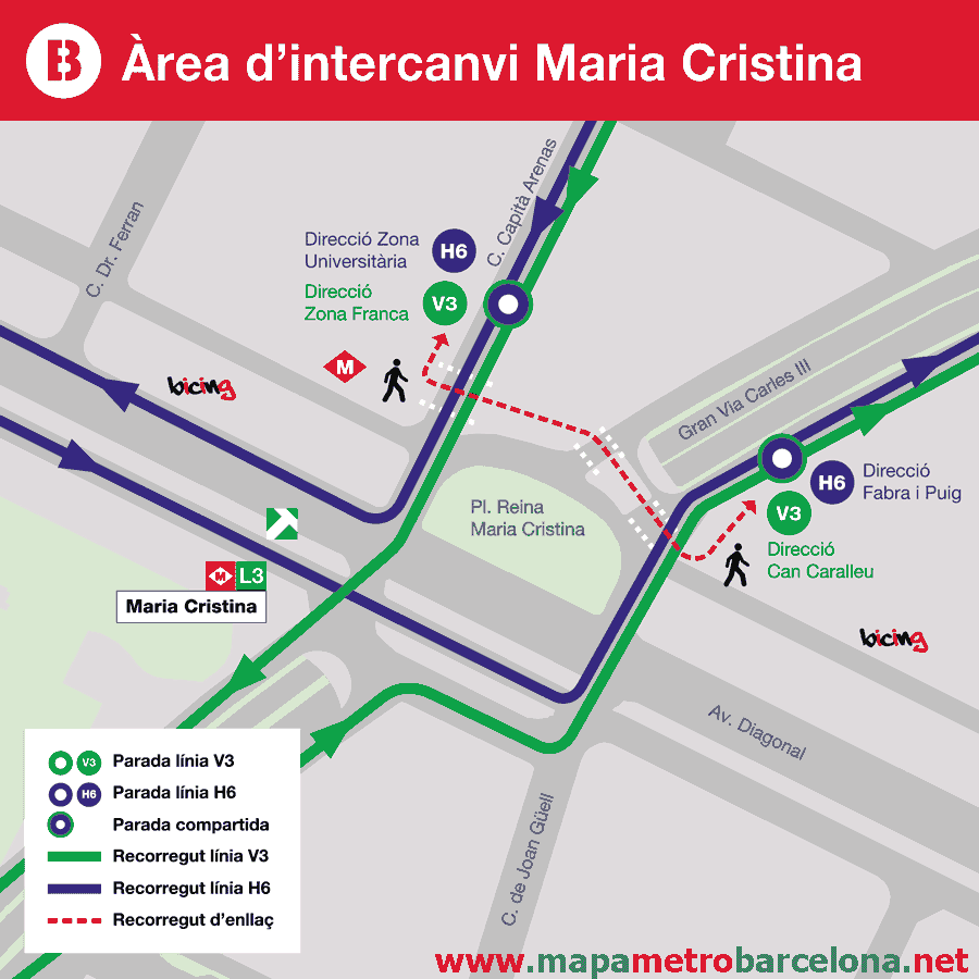 Enlace con bus líneas H6 y V3 en Plaça Reina Maria Cristina