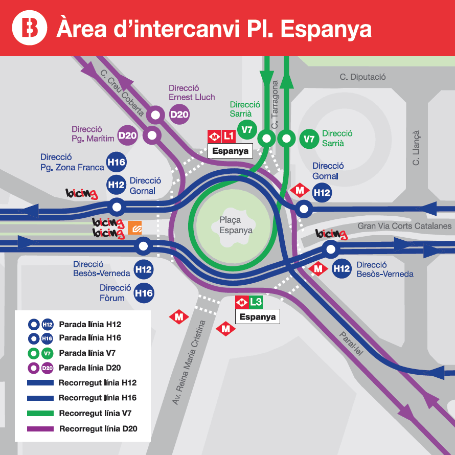 Enlace con bus líneas V7, H12, H16 y D20 en Plaça d'Espanya