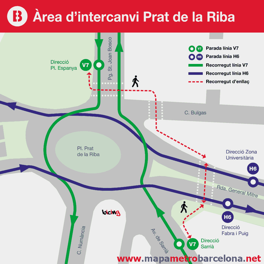 Enlace con bus  líneas H6 y V7 en Plaça Prat de la Riba