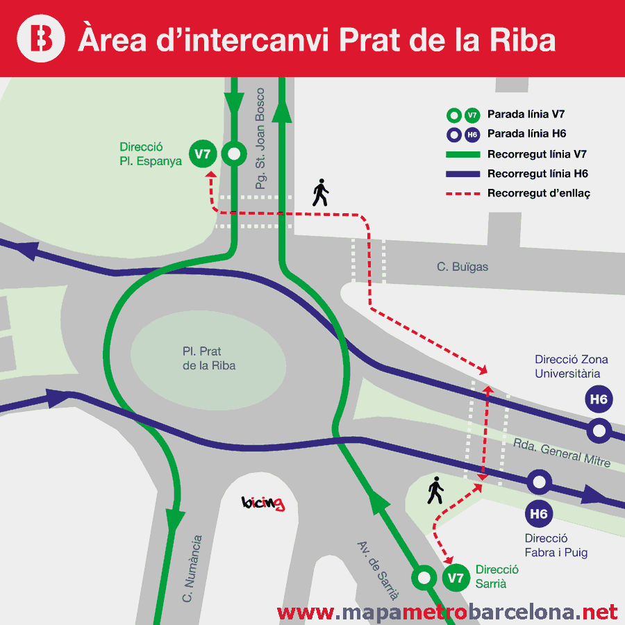 Enlace con bus líneas H6 y V7 en Plaça Prat de la Riba