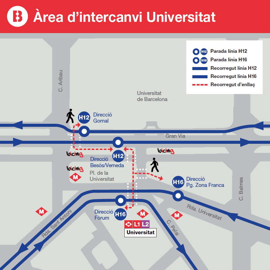 Enlace con bus líneas H12 y H16 en Plaça Universitat