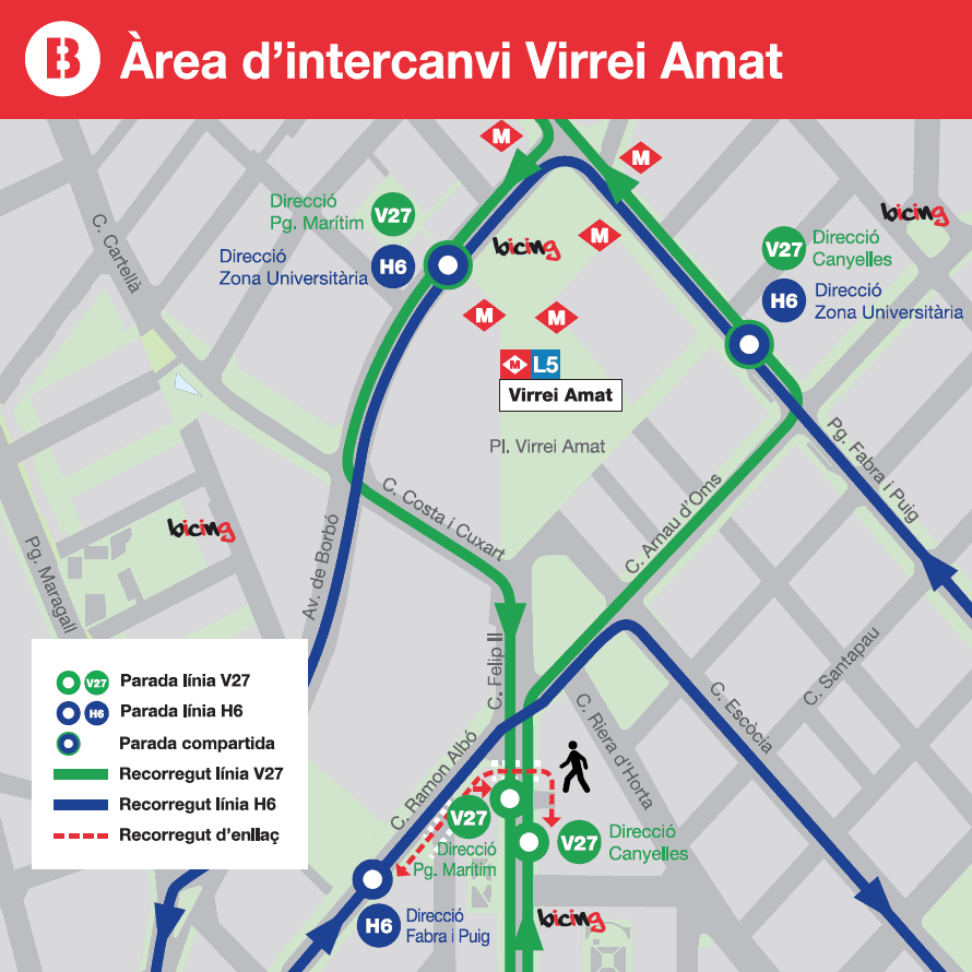 Enlace con bus líneas H16 y V27 en Plaça Virrei Amat