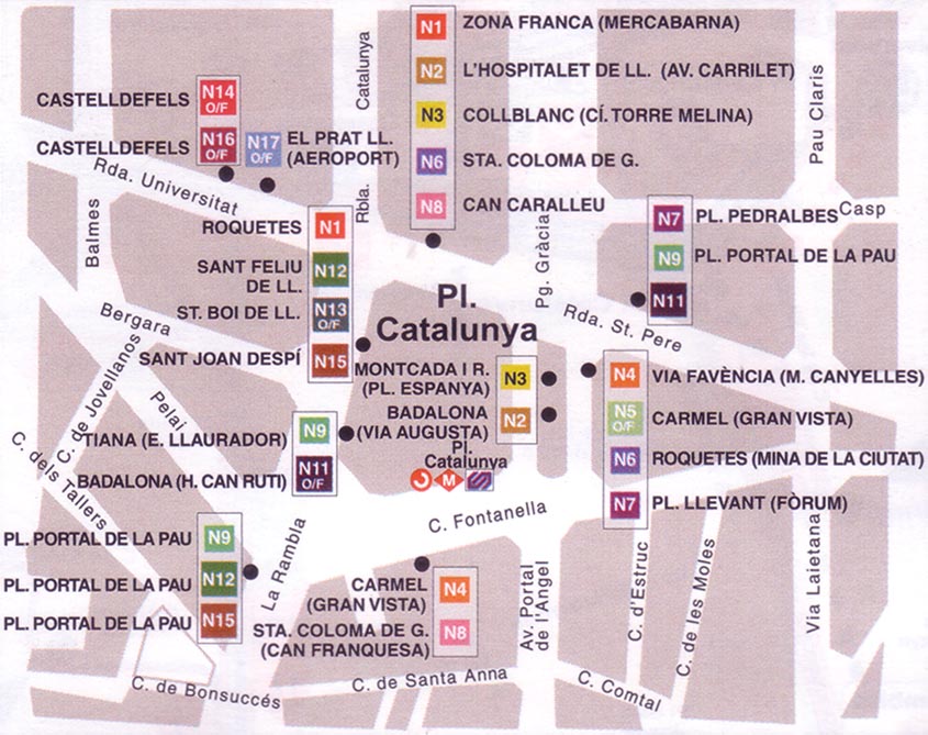 Night bus map of Barcelona (zone plaza Catalunya)